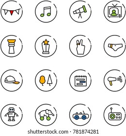 line vector icon set - flag garland vector, music, telescope, tv news, award, victory, swimsuit, cap, forest, terms plan, dryer, robot, elephant wheel, toy car, radio
