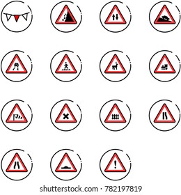 line vector icon set - flag garland vector, landslide road sign, oncoming traffic, steep descent, slippery, pedestrian, wild animals, railway intersection, side wind, narrows, artificial unevenness