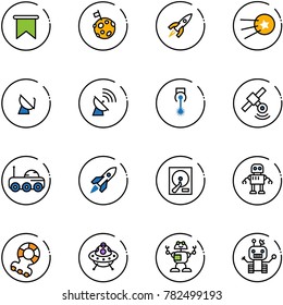 line vector icon set - flag vector, moon, rocket, first satellite, antenna, laser, rover, hdd, robot, teethers, ufo toy