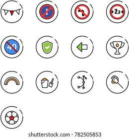 line vector icon set - flag garland vector, no parkin odd, left turn road sign, limited width, end minimal speed limit, shield check, arrow, gold cup, rainbow, bucket scoop, bezier, horse stick toy