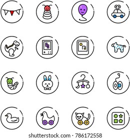 line vector icon set - flag garland vector, pyramid toy, balloon smile, car, dinosaur, game console, horse, caterpillar, rabbit, baby carousel, yoyo, duck, cat, cube hole