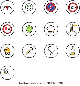 line vector icon set - flag garland vector, dollar smile, no parkin odd, limited width road sign, truck overtake, shield check, rain cloud, lighthouse, fire, sledgehammer, fretsaw, brush
