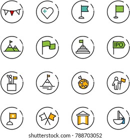 line vector icon set - flag garland vector, heart, attainment, pyramid, ipo, win, mountain, moon, flags cross, pennant, sailboat toy