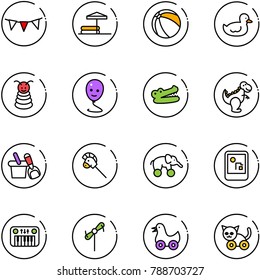 line vector icon set - flag garland vector, inflatable pool, ball, duck toy, pyramid, balloon smile, crocodile, dinosaur, shovel bucket, horse stick, elephant wheel, game console, piano, windmill