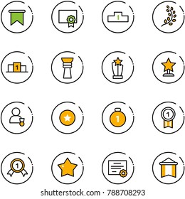 line vector icon set - flag vector, certificate, pedestal, golden branch, award, winner, star medal, gold, pennant