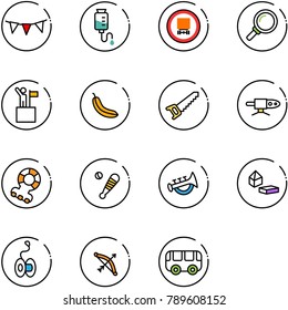 line vector icon set - flag garland vector, drop counter, no dangerous cargo road sign, magnifier, win, banana, saw, pipe welding, teethers, baseball bat, horn toy, constructor blocks, yoyo, bow