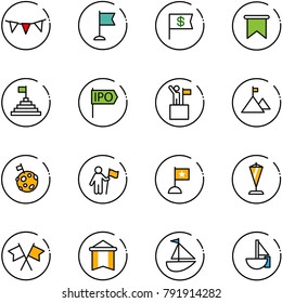 line vector icon set - flag garland vector, dollar, pyramid, ipo, win, mountain, moon, pennant, flags cross, sailboat toy