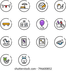 line vector icon set - flag garland vector, inflatable pool, volleyball, bucket scoop, skateboard, joystick wireless, balloon smile, shovel, rocking horse, game console, horn toy, caterpillar