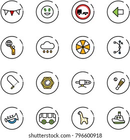 line vector icon set - flag garland vector, dollar smile, no trailer road sign, left arrow, world, rain cloud, parasol, bezier, fretsaw, nut, pipe welding, baseball bat, horn toy, bus, giraffe, boat