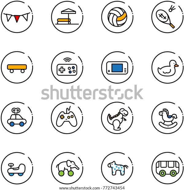 line vector icon set - flag garland vector,\
inflatable pool, volleyball, badminton, skateboard, joystick\
wireless, game console, duck toy, car, dinosaur, rocking horse,\
baby, elephant wheel, bus