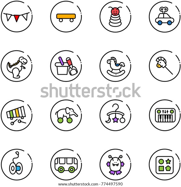 line vector icon set - flag garland vector,
skateboard, pyramid toy, car, dinosaur, shovel bucket, rocking
horse, stick, xylophone, elephant wheel, baby carousel, piano,
yoyo, bus, monster
