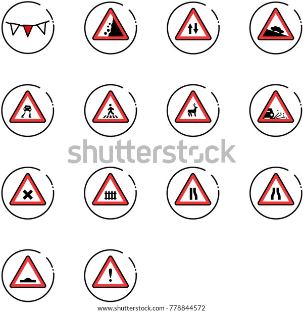 line vector icon set - flag garland vector,
landslide road sign, oncoming traffic, steep descent, slippery,
pedestrian, wild animals, gravel, railway intersection, narrows,
artificial unevenness