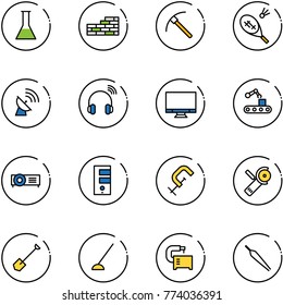 line vector icon set - flask vector, brick wall, rock axe, badminton, satellite antenna, wireless headphones, monitor, conveyor, projector, server, clamp, Angular grinder, shovel, hoe, machine tool