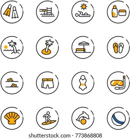 line vector icon set - flippers vector, pool, reading, uv cream, palm, inflatable, flip flops, swimsuit, diving, shell, surfing, dolphin, ball