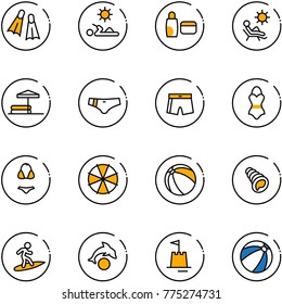 line vector icon set - flippers vector, reading, uv cream, beach, inflatable pool, swimsuit, parasol, ball, shell, surfing, dolphin, sand castle