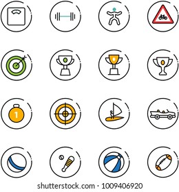 line vector icon set - floor scales vector, barbell, gymnastics, road for moto sign, target, cup, win, gold, medal, windsurfing, cabrio, ball, baseball bat, beach, football