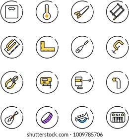 line vector icon set - floor scales vector, thermometer, saw, bucksaw, trowel, corner ruler, chisel, clamp, side cutters, jig, laser lever, allen key, guitar, tambourine, horn toy, piano