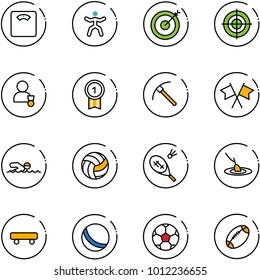 line vector icon set - floor scales vector, gymnastics, target, winner, gold medal, rock axe, flags cross, swimming, volleyball, badminton, fishing, skateboard, ball, soccer, football