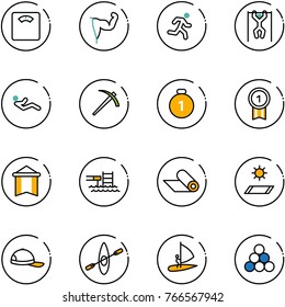 line vector icon set - floor scales vector, power hand, run, pull ups, abdominal muscles, job, gold medal, pennant, pool, mat, cap, kayak, windsurfing, billiards balls