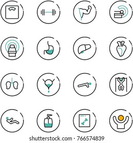 line vector icon set - floor scales vector, barbell, power hand, mri, stomach, liver, heart, lungs, bladder, push ups, pull, abdominal muscles, liquid soap, x ray, success
