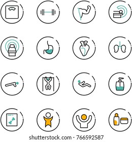 line vector icon set - floor scales vector, barbell, power hand, mri, stomach, heart, lungs, push ups, pull, abdominal muscles, liquid soap, x ray, success, uv cream