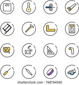 line vector icon set - floor scales vector, thermometer, steel rolling, saw, bucksaw, mason hammer, corner ruler, multimeter, jig, welding, allen key, awl, forceps, tambourine, horn toy