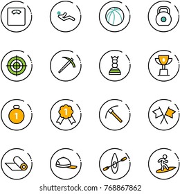 line vector icon set - floor scales vector, abdominal muscles, basketball ball, weight, target, job, chess queen, win cup, gold medal, rock axe, flags cross, mat, cap, kayak, surfing