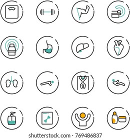 line vector icon set - floor scales vector, barbell, power hand, mri, stomach, liver, heart, lungs, push ups, pull, abdominal muscles, liquid soap, x ray, success, uv cream