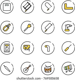 line vector icon set - floor scales vector, bucksaw, fretsaw, corner ruler, side cutters, wood drill, metal hacksaw, multimeter, jig saw, allen key, awl, forceps, guitar, drum, xylophone