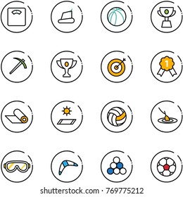 line vector icon set - floor scales vector, treadmill, basketball ball, cup, job, gold, target, medal, mat, volleyball, fishing, protective glasses, boomerang, billiards balls, soccer