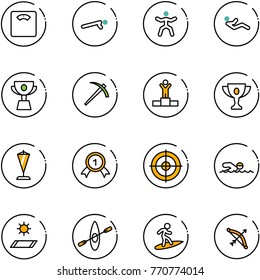 line vector icon set - floor scales vector, push ups, gymnastics, abdominal muscles, cup, job, winner, gold, pennant, medal, target, swimming, mat, kayak, surfing, bow