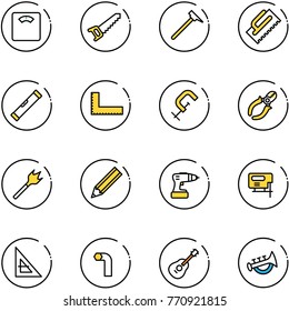 line vector icon set - floor scales vector, saw, mason hammer, trowel, level, corner ruler, clamp, side cutters, wood drill, pencil, jig, allen key, guitar, horn toy