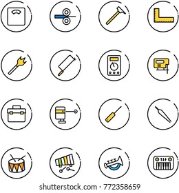 line vector icon set - floor scales vector, steel rolling, mason hammer, corner ruler, wood drill, metal hacksaw, multimeter, jig saw, tool box, laser lever, awl, forceps, drum, xylophone, horn toy