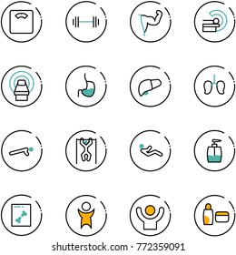 line vector icon set - floor scales vector, barbell, power hand, mri, stomach, liver, lungs, push ups, pull, abdominal muscles, liquid soap, x ray, success, uv cream