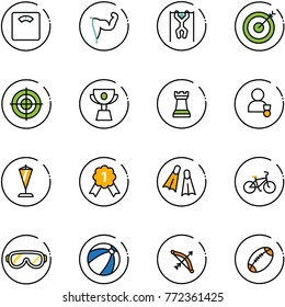 line vector icon set - floor scales vector, power hand, pull ups, target, cup, chess tower, winner, pennant, gold medal, flippers, bike, protective glasses, beach ball, bow, football