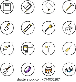 line vector icon set - floor scales vector, bucksaw, fretsaw, mason hammer, trowel, level, wood drill, welding, stapler, laser lever, allen key, awl, guitar, tambourine, drum, horn toy