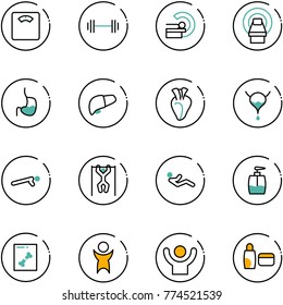 line vector icon set - floor scales vector, barbell, mri, stomach, liver, heart, bladder, push ups, pull, abdominal muscles, liquid soap, x ray, success, uv cream