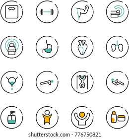 line vector icon set - floor scales vector, barbell, power hand, mri, stomach, heart, lungs, bladder, push ups, pull, abdominal muscles, liquid soap, success, uv cream