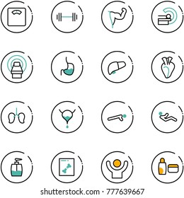 line vector icon set - floor scales vector, barbell, power hand, mri, stomach, liver, heart, lungs, bladder, push ups, abdominal muscles, liquid soap, x ray, success, uv cream