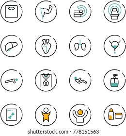 line vector icon set - floor scales vector, power hand, mri, liver, heart, lungs, bladder, push ups, pull, abdominal muscles, liquid soap, x ray, success, uv cream