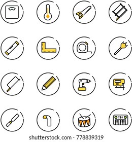 line vector icon set - floor scales vector, thermometer, saw, bucksaw, level, corner ruler, measuring tape, wood drill, metal hacksaw, pencil, jig, rasp, allen key, drum, toy piano