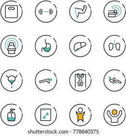 line vector icon set - floor scales vector, barbell, power hand, mri, stomach, liver, lungs, bladder, push ups, pull, abdominal muscles, liquid soap, x ray, success