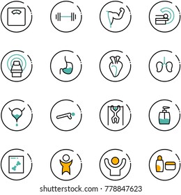 line vector icon set - floor scales vector, barbell, power hand, mri, stomach, heart, lungs, bladder, push ups, pull, liquid soap, x ray, success, uv cream