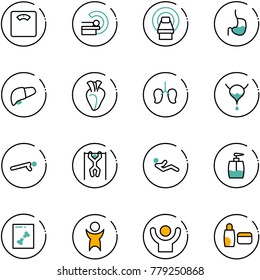 line vector icon set - floor scales vector, mri, stomach, liver, heart, lungs, bladder, push ups, pull, abdominal muscles, liquid soap, x ray, success, uv cream