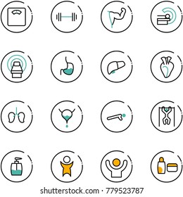 line vector icon set - floor scales vector, barbell, power hand, mri, stomach, liver, heart, lungs, bladder, push ups, pull, liquid soap, success, uv cream