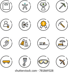 line vector icon set - floor scales vector, gymnastics, cup, job, winner, solution, gold medal, rock axe, flying man, flippers, swimming, inflatable pool, skateboard, piston, protective glasses, bow
