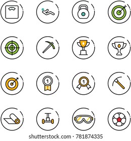 line vector icon set - floor scales vector, abdominal muscles, weight, target, job, win cup, gold, medal, rock axe, mat, gyroscope, protective glasses, soccer ball