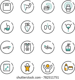 line vector icon set - floor scales vector, power hand, mri, stomach, heart, lungs, bladder, push ups, pull, abdominal muscles, liquid soap, x ray, success, uv cream