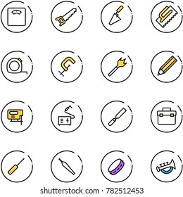 line vector icon set - floor scales vector, saw, trowel, measuring tape, clamp, wood drill, pencil, jig, welding, rasp, tool box, awl, forceps, tambourine, horn toy