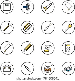 line vector icon set - floor scales vector, steel rolling, saw, fretsaw, mason hammer, trowel, chisel, wood drill, metal hacksaw, pencil, multimeter, tool box, forceps, drum, horn toy